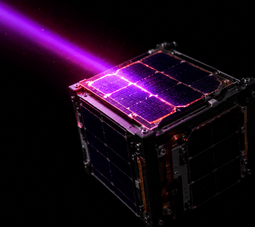 A small CubeSat floating in black space, its top solar panel lit by a narrow violet-magenta beam of light that makes the cells glow.