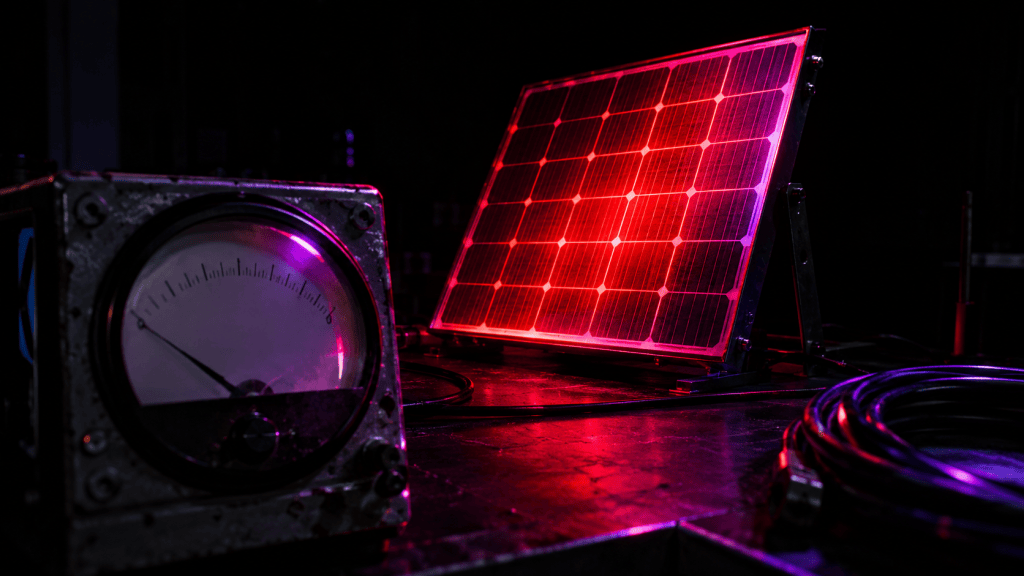 A solar panel glowing red and magenta in a dark test laboratory, next to an analog dial meter whose needle rests near zero.