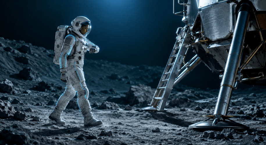 An astronaut in a white suit with a faint cyan glow along its seams walks across gray lunar ground in blue shadow toward the silver legs and ladder of a lander.