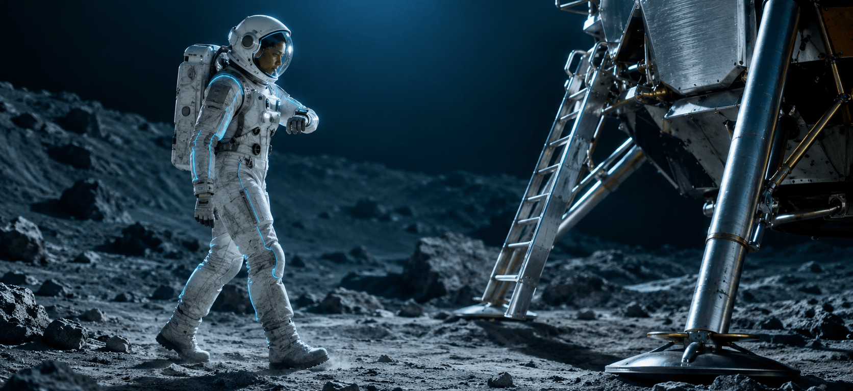 An astronaut in a white suit with a faint cyan glow along its seams walks across gray lunar ground in blue shadow toward the silver legs and ladder of a lander.
