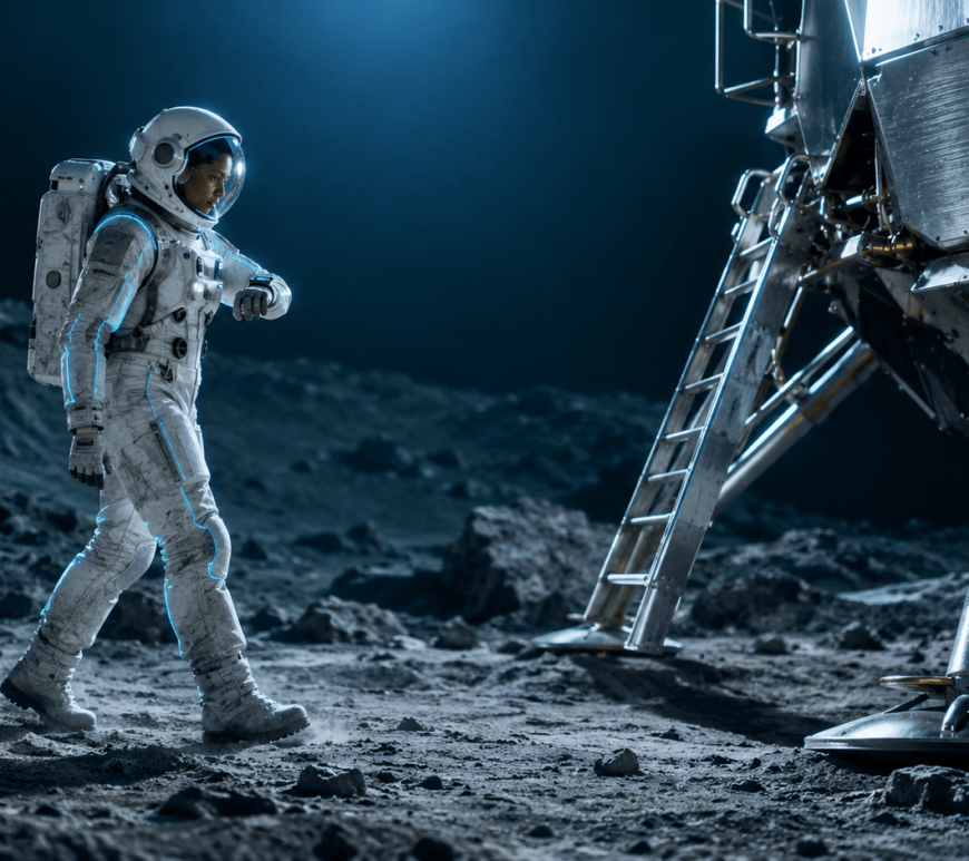 An astronaut in a white suit with a faint cyan glow along its seams walks across gray lunar ground in blue shadow toward the silver legs and ladder of a lander.