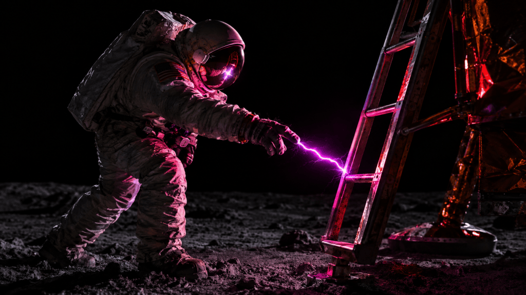 In near-total darkness, a bright magenta spark jumps from an astronaut's gloved hand to the metal ladder of a lander on the Moon.