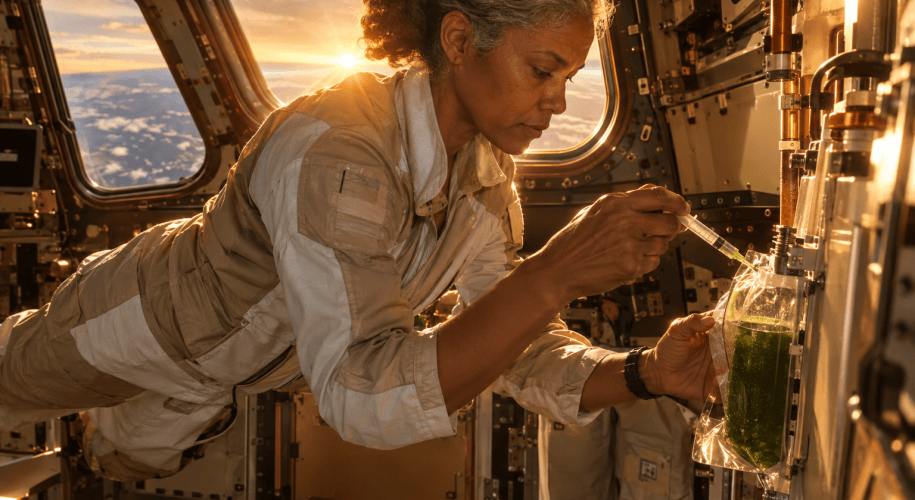 An astronaut with graying hair floats beside a station window at sunrise, drawing a sample from a clear bag of green algae culture with a syringe.