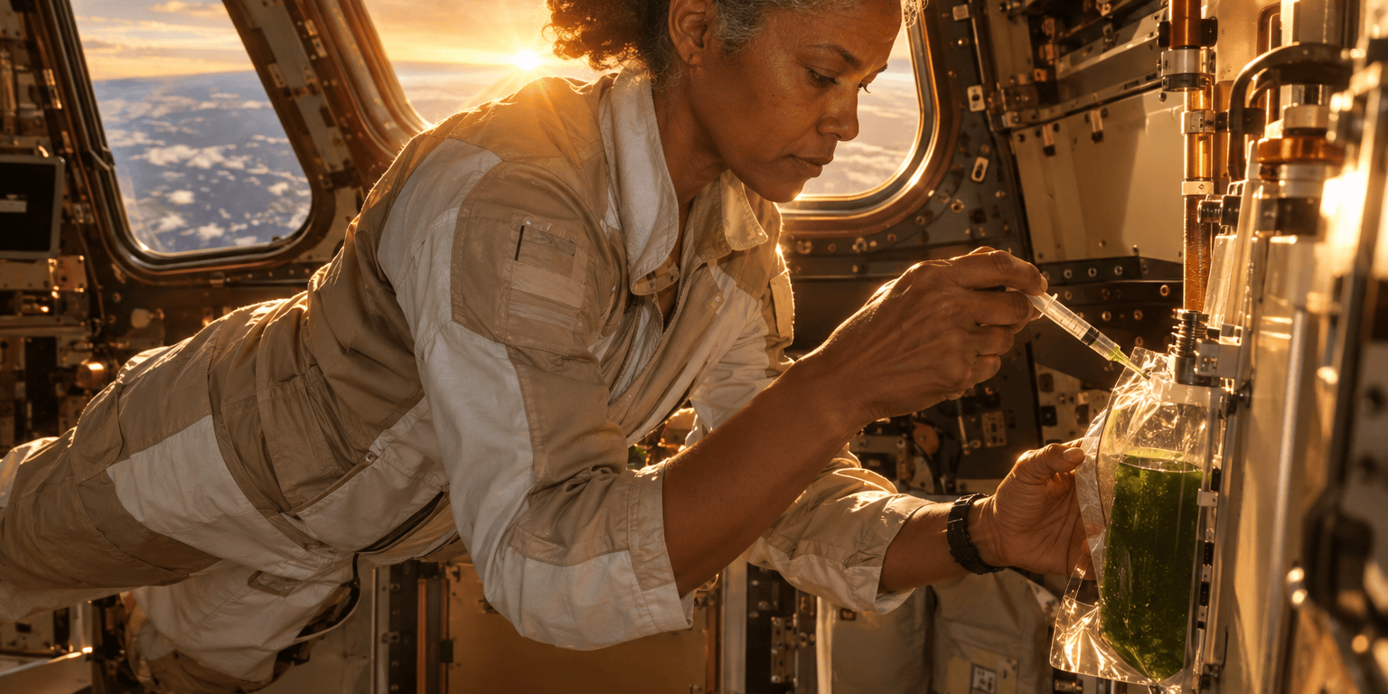 An astronaut with graying hair floats beside a station window at sunrise, drawing a sample from a clear bag of green algae culture with a syringe.