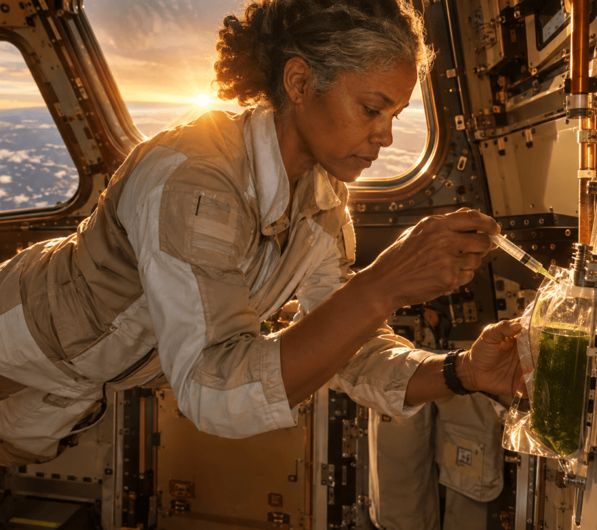 An astronaut with graying hair floats beside a station window at sunrise, drawing a sample from a clear bag of green algae culture with a syringe.