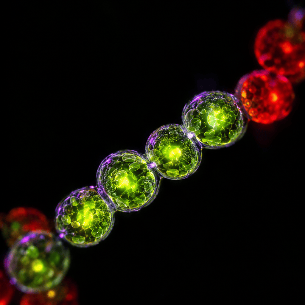 A chain of green microalgae cells with glowing chloroplasts against a black background, two red-glowing cells at the edge of the frame.