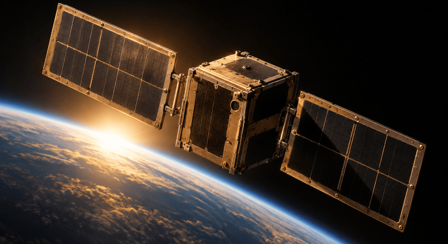 A small CubeSat with two deployed solar wings of dark silicon cells in bronze-toned frames, backlit by a golden sunrise at the edge of the Earth.