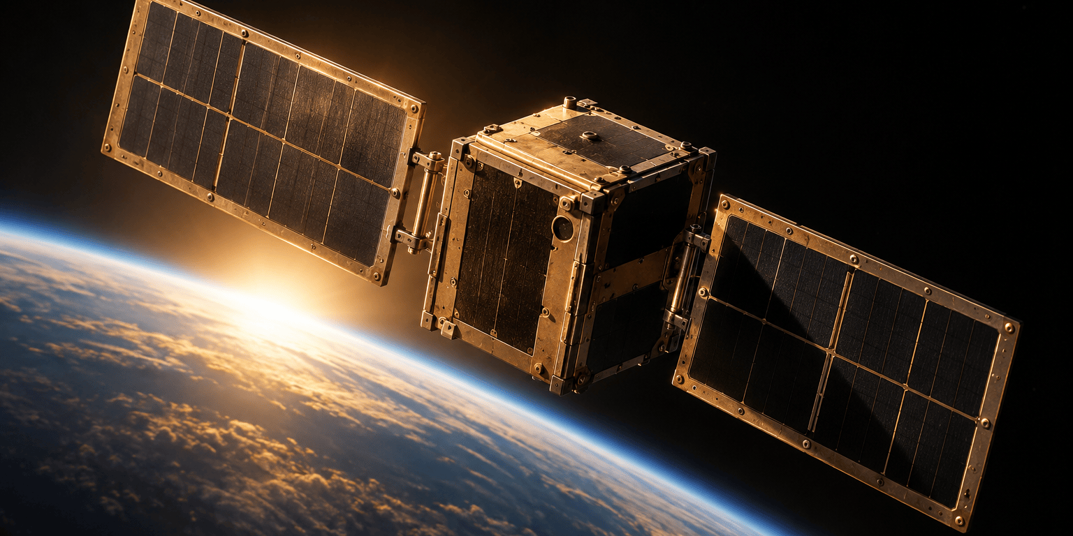 A small CubeSat with two deployed solar wings of dark silicon cells in bronze-toned frames, backlit by a golden sunrise at the edge of the Earth.