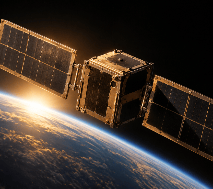 A small CubeSat with two deployed solar wings of dark silicon cells in bronze-toned frames, backlit by a golden sunrise at the edge of the Earth.