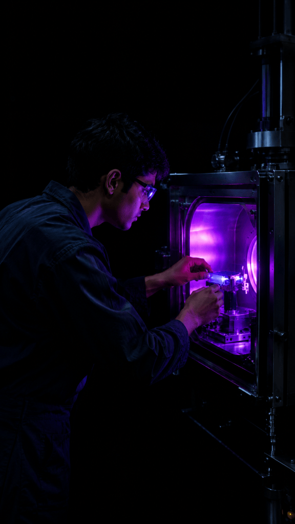 A technician in safety glasses adjusts a silicon solar cell sample inside a test chamber lit only by a violet glow in an otherwise dark laboratory.