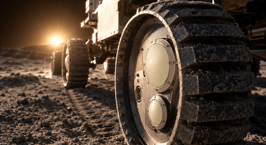Close-up of a lunar rover wheel rolling through grey regolith at low sun, with two round sensor caps set into the wheel and a fresh track behind it.