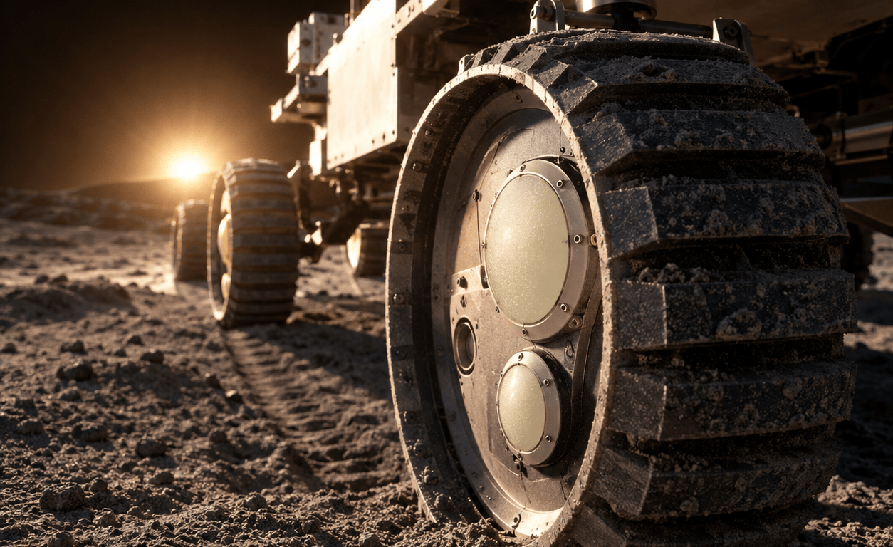 Close-up of a lunar rover wheel rolling through grey regolith at low sun, with two round sensor caps set into the wheel and a fresh track behind it.