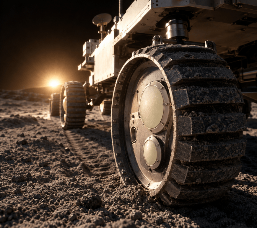 Close-up of a lunar rover wheel rolling through grey regolith at low sun, with two round sensor caps set into the wheel and a fresh track behind it.