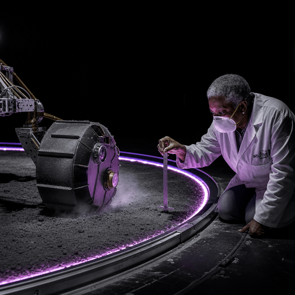In a dark test hall lit in violet, an engineer kneels beside a ring-shaped trench of simulated lunar soil and measures how deep a sensor-fitted rover wheel sinks.