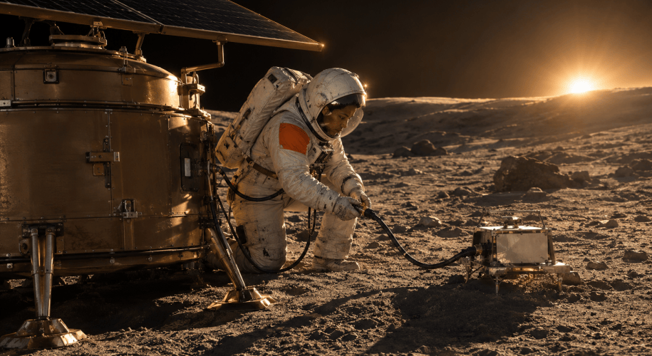 An astronaut in a white suit kneels on grey lunar regolith at golden hour, plugging a cable from a bronze service station with a solar array into a small scientific instrument.