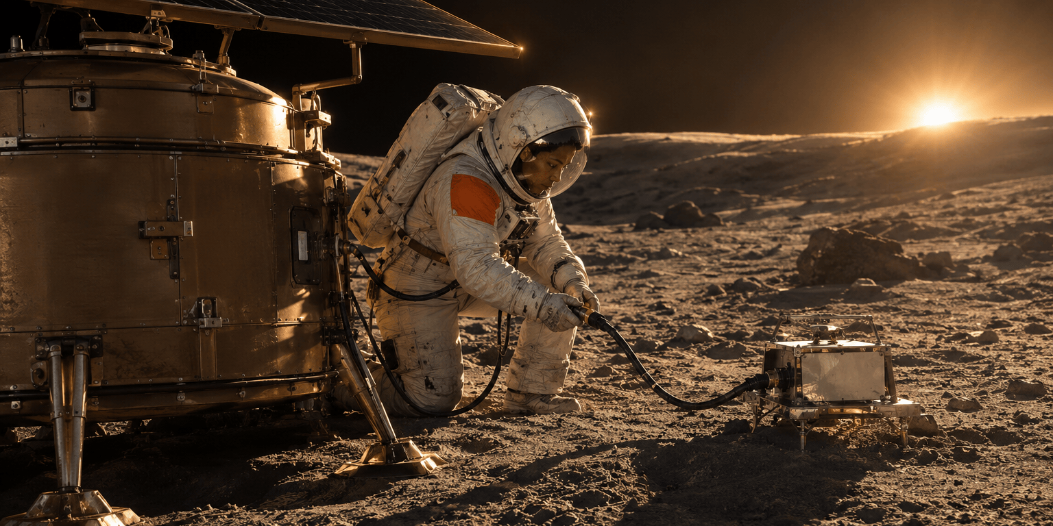 An astronaut in a white suit kneels on grey lunar regolith at golden hour, plugging a cable from a bronze service station with a solar array into a small scientific instrument.