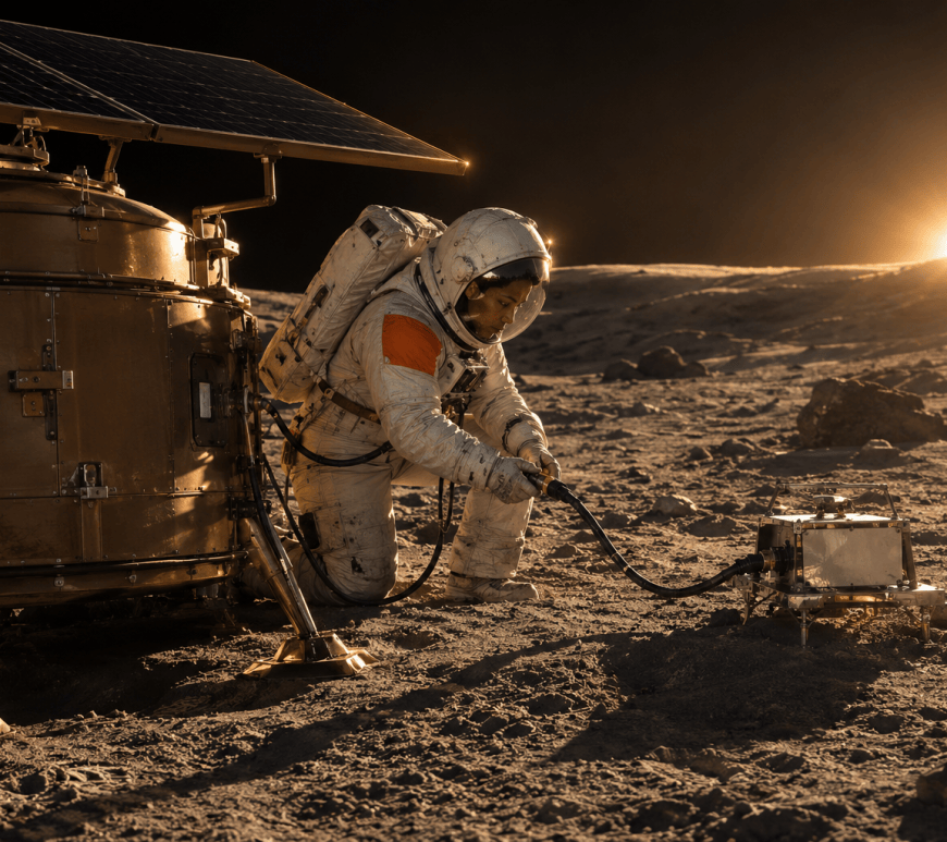 An astronaut in a white suit kneels on grey lunar regolith at golden hour, plugging a cable from a bronze service station with a solar array into a small scientific instrument.