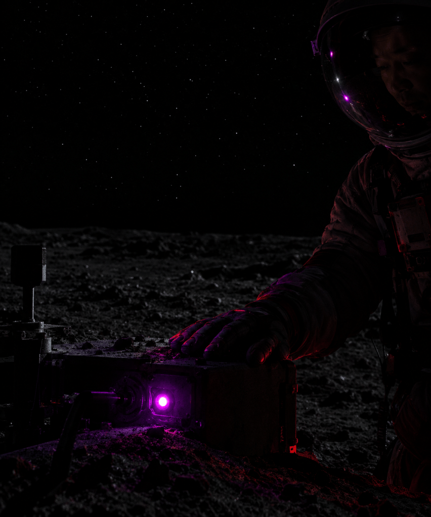 In near-total darkness on the Moon, a gloved hand rests on a small station whose single violet standby light glows, an astronaut's helmet just visible at the edge of the frame.