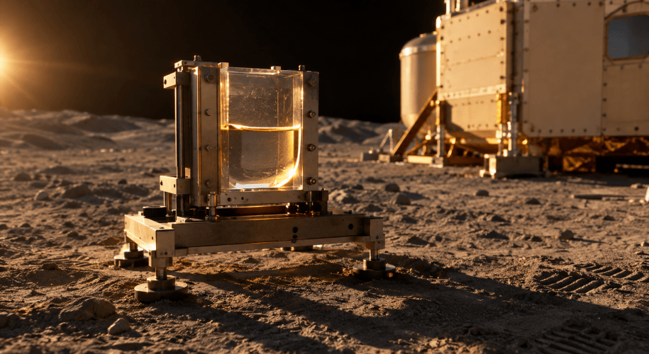 A matte metal test rig on grey lunar regolith under a low golden sun, holding a transparent block of water whose surface curves into a rounded meniscus against the wall.