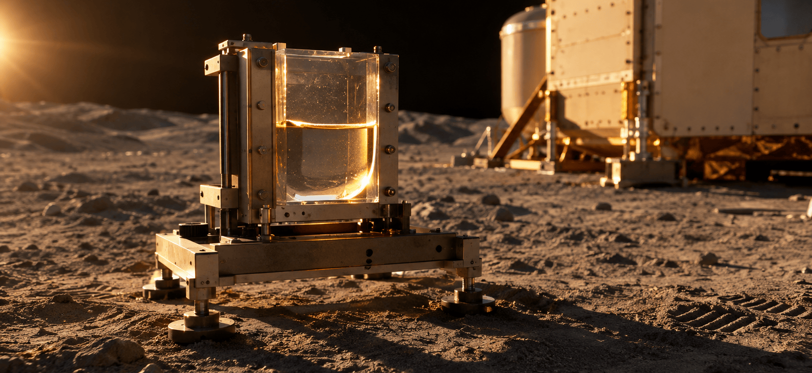 A matte metal test rig on grey lunar regolith under a low golden sun, holding a transparent block of water whose surface curves into a rounded meniscus against the wall.