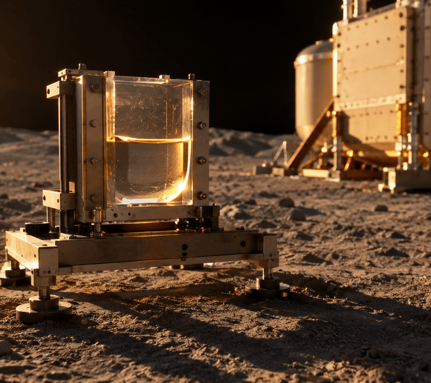 A matte metal test rig on grey lunar regolith under a low golden sun, holding a transparent block of water whose surface curves into a rounded meniscus against the wall.