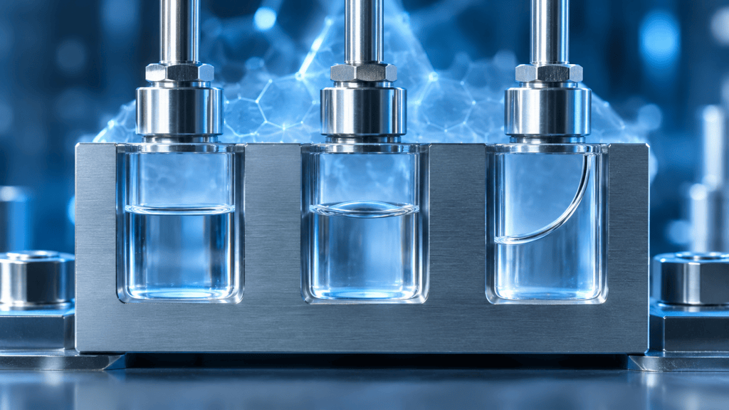 Close-up of three transparent cavities in a brushed-metal block, each holding a liquid whose surface meets the wall differently: flat, gently rounded, and climbing high up the glass.