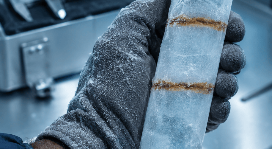 A gloved hand and a man's forearm hold a cylinder of nearly clear ice crossed by four thin rust-brown dust bands, in a cold blue laboratory.