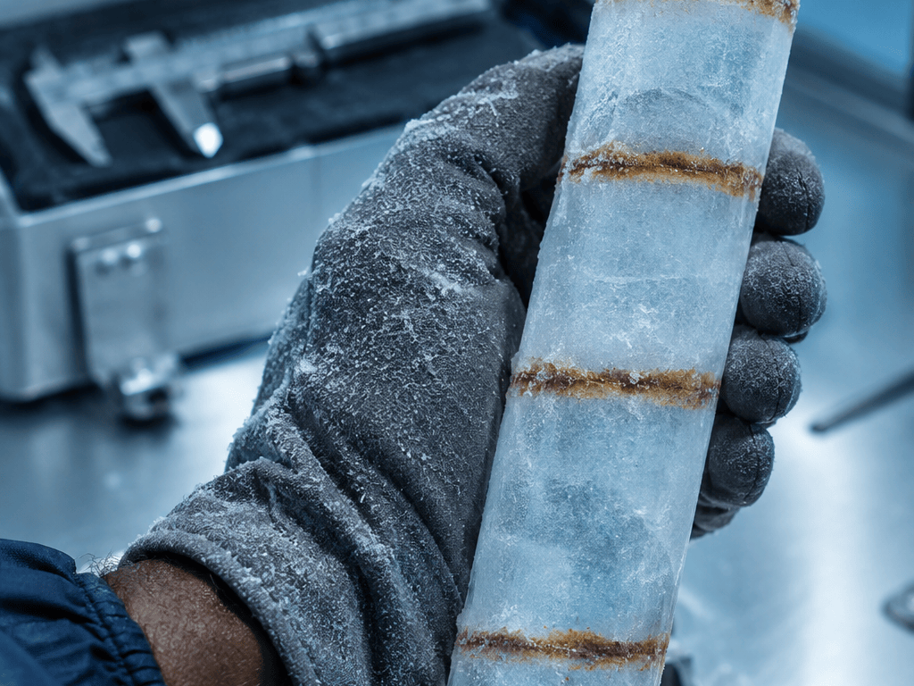 A gloved hand and a man's forearm hold a cylinder of nearly clear ice crossed by four thin rust-brown dust bands, in a cold blue laboratory.