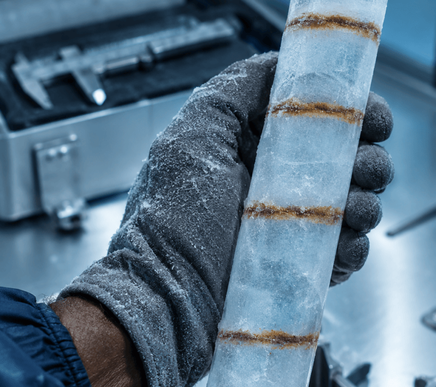 A gloved hand and a man's forearm hold a cylinder of nearly clear ice crossed by four thin rust-brown dust bands, in a cold blue laboratory.