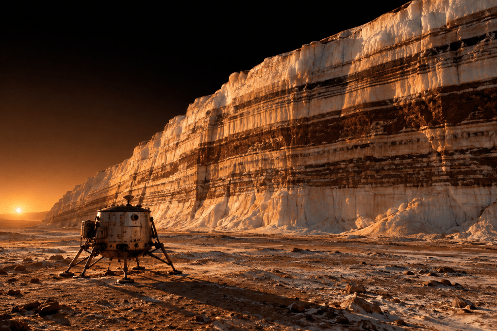 A small lander stands on frosty ground at the foot of a huge cliff of layered polar ice on Mars, its white and dark brown bands lit amber by a low sun.