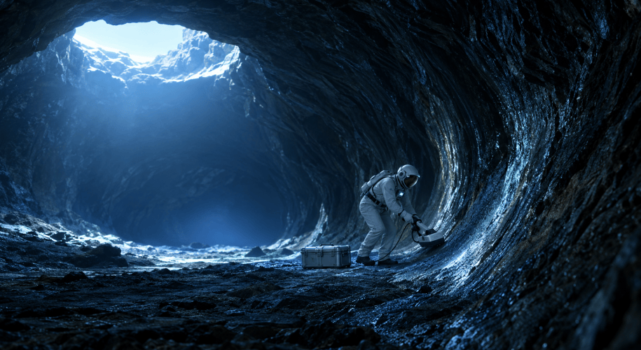An astronaut in a grey-white pressure suit crouches inside a lunar lava tube and sweeps a handheld radar along the curved basalt wall, beneath a bright skylight opening.