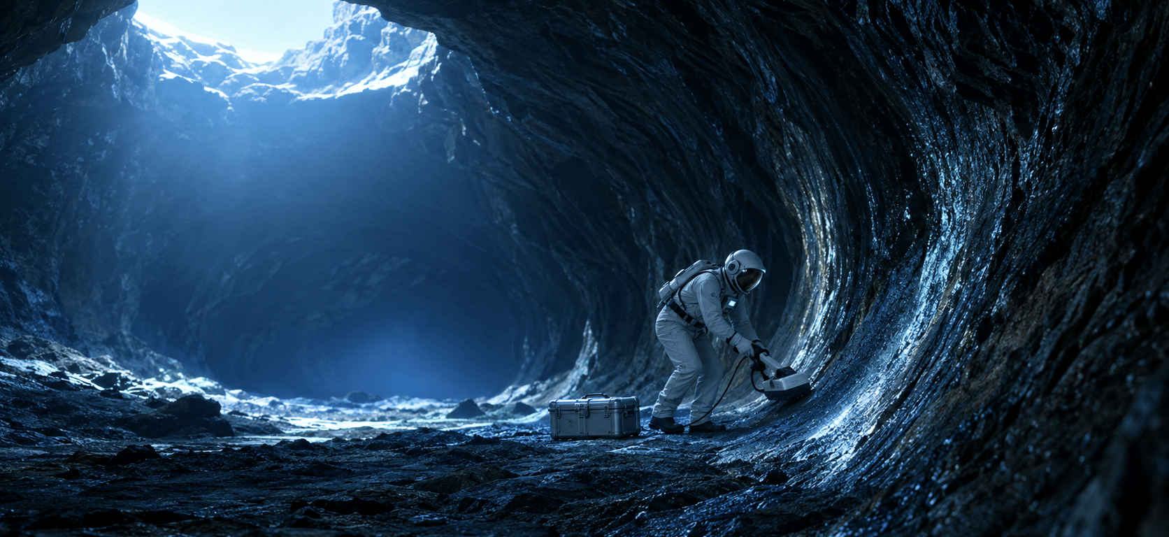 An astronaut in a grey-white pressure suit crouches inside a lunar lava tube and sweeps a handheld radar along the curved basalt wall, beneath a bright skylight opening.