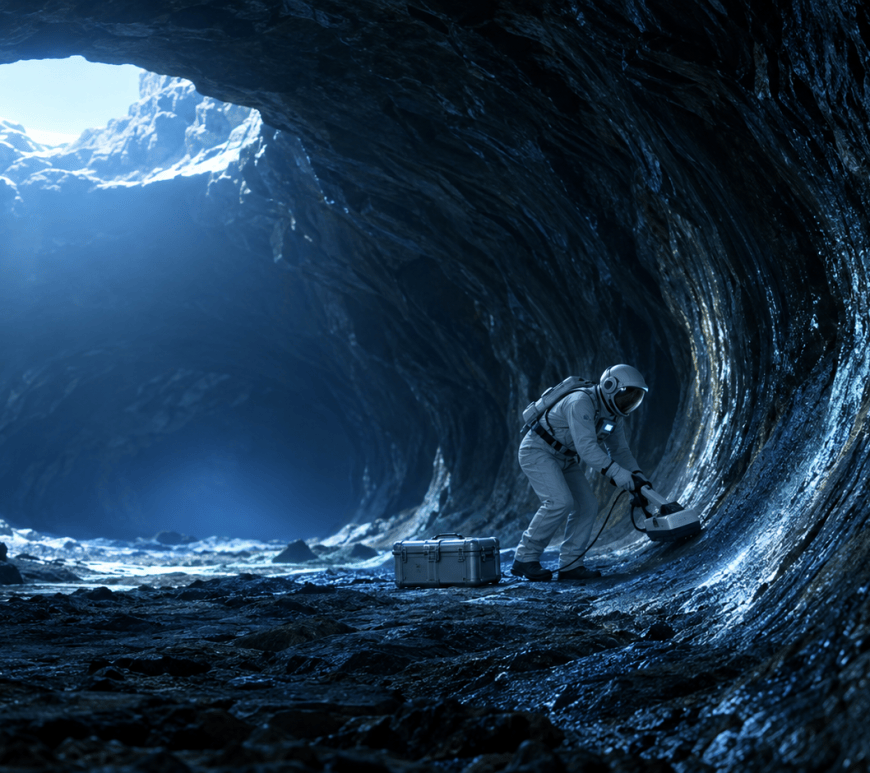 An astronaut in a grey-white pressure suit crouches inside a lunar lava tube and sweeps a handheld radar along the curved basalt wall, beneath a bright skylight opening.