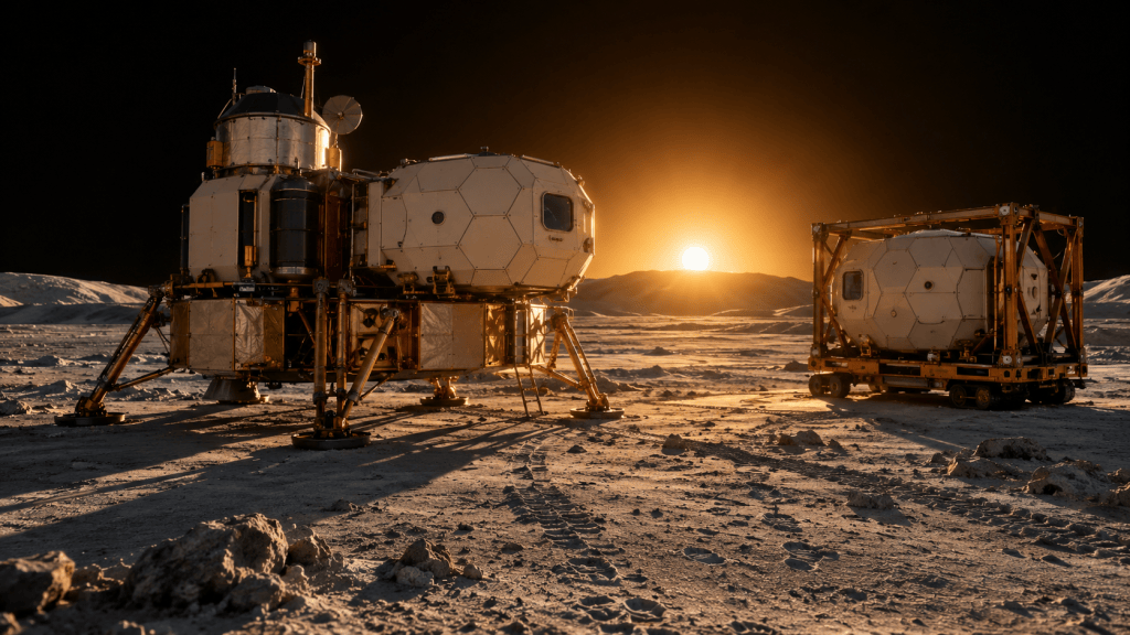 A lunar lander carrying a hexagonal-panelled habitat module stands on grey regolith at golden hour, beside a second module still held in its transport frame.