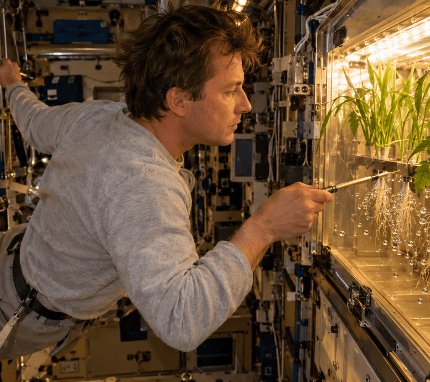 An astronaut floats at an angle to the wall of a station module, one hand on a handrail, and guides a thin metal nozzle toward the roots of young wheat and a tomato plant in a transparent aeroponic chamber, where water droplets float around the roots.