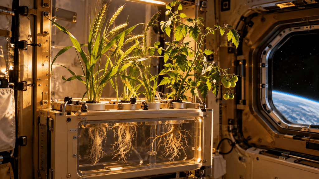Young wheat and a cherry tomato plant with a few green tomatoes grow from a soil-free aeroponic rack in a station module, their roots hanging in a transparent chamber under warm amber light.