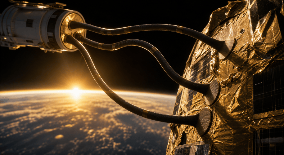 Three long, flexible tentacle-like arms from a servicing spacecraft end in flat, finely ridged grip pads pressed against a dead satellite wrapped in gold foil, with a sunrise over Earth's horizon behind.