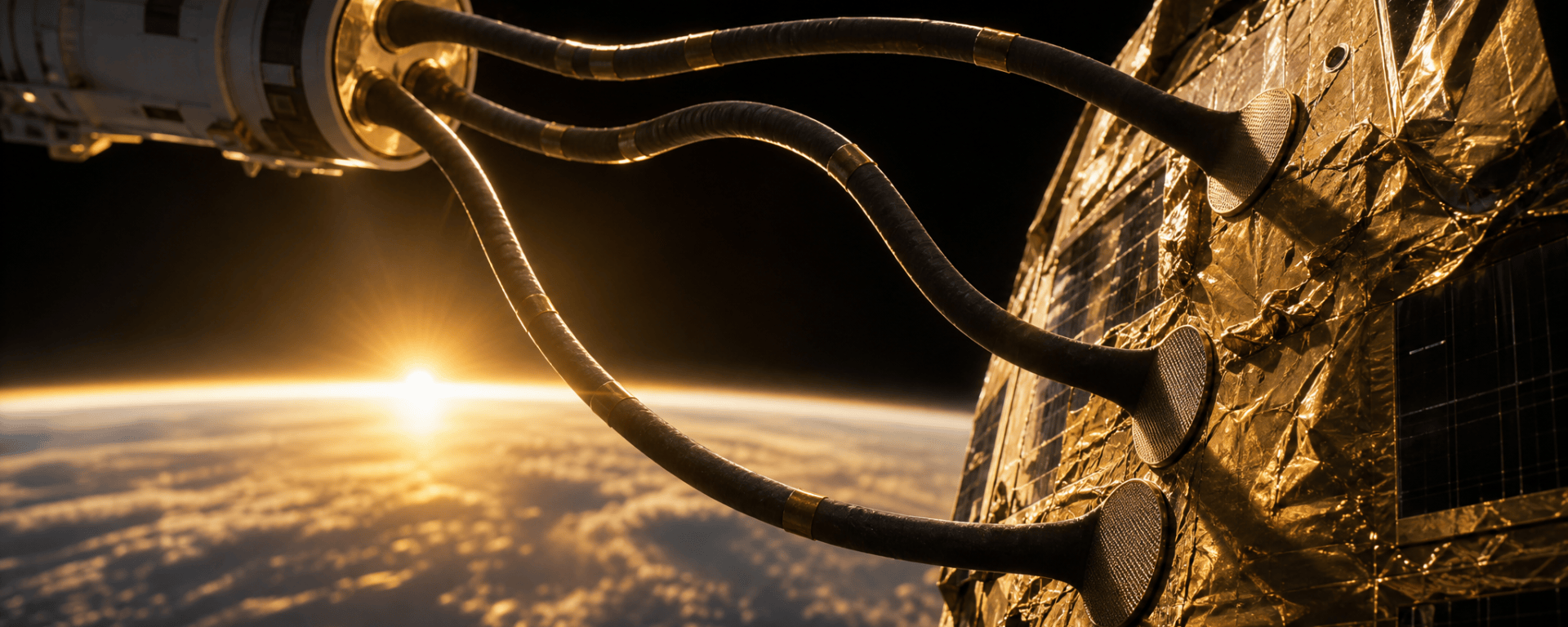 Three long, flexible tentacle-like arms from a servicing spacecraft end in flat, finely ridged grip pads pressed against a dead satellite wrapped in gold foil, with a sunrise over Earth's horizon behind.