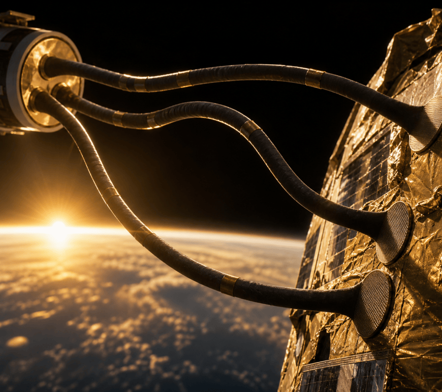 Three long, flexible tentacle-like arms from a servicing spacecraft end in flat, finely ridged grip pads pressed against a dead satellite wrapped in gold foil, with a sunrise over Earth's horizon behind.