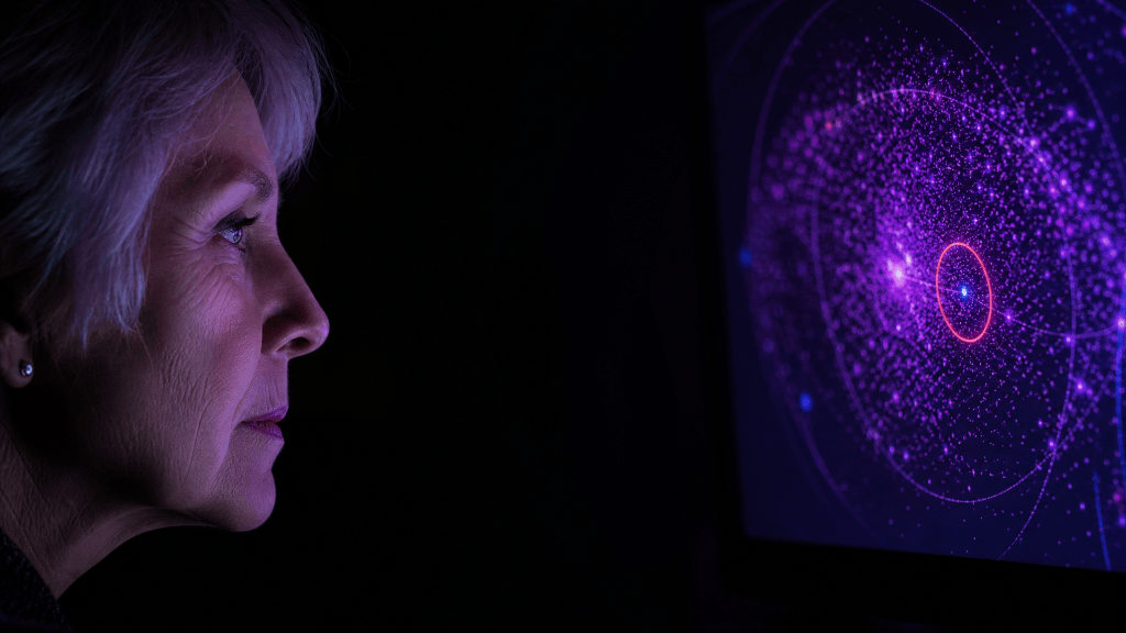 Profile of a woman in her sixties with silver hair, lit only by a violet screen showing a vast cloud of debris dots with a single one circled in red.