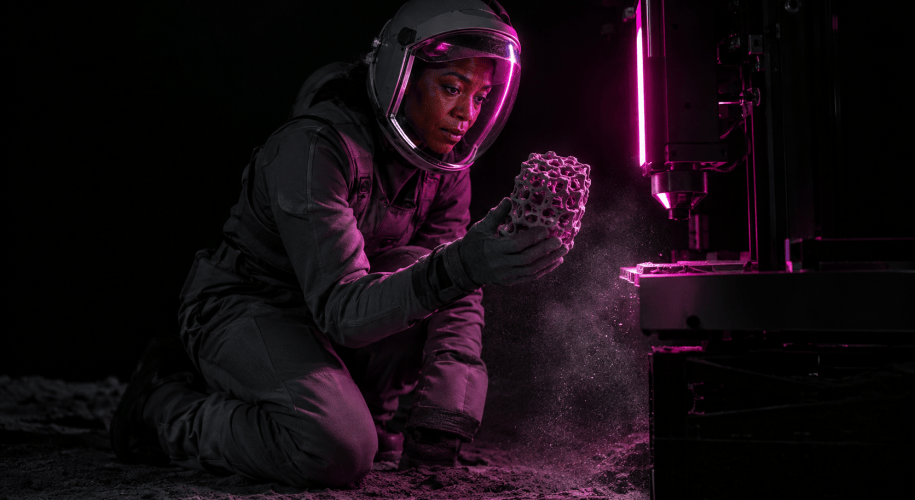 An engineer in a dark grey suit and clear visor kneels on lunar dust, holding a sponge-like printed lattice lit by the magenta glow of a 3D printer.