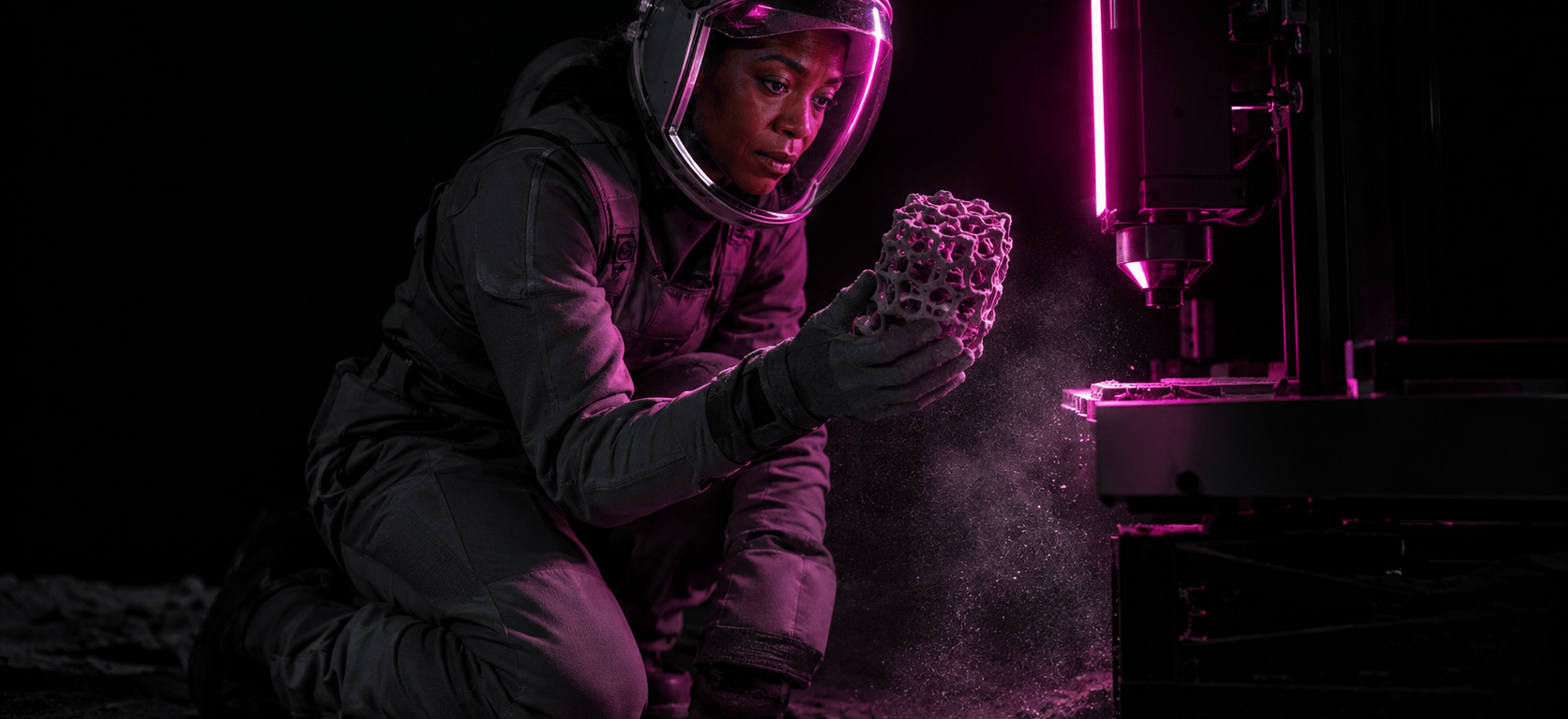An engineer in a dark grey suit and clear visor kneels on lunar dust, holding a sponge-like printed lattice lit by the magenta glow of a 3D printer.