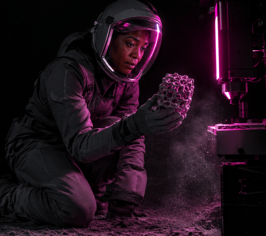 An engineer in a dark grey suit and clear visor kneels on lunar dust, holding a sponge-like printed lattice lit by the magenta glow of a 3D printer.