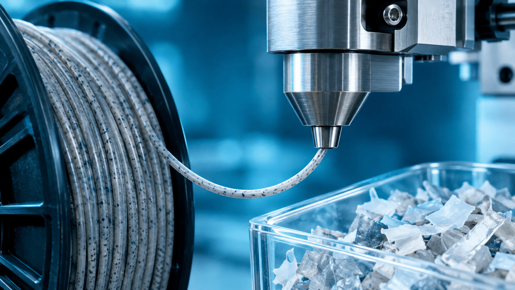 A 3D printer nozzle drawing speckled grey filament from a spool, beside a clear tray of shredded recycled plastic, in cool blue light.