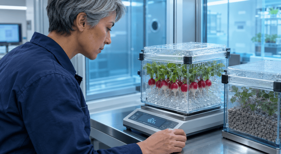 A researcher with short grey hair weighs a transparent box of radishes growing in clear gel beads, next to a second box of radishes planted in grey clay granules.