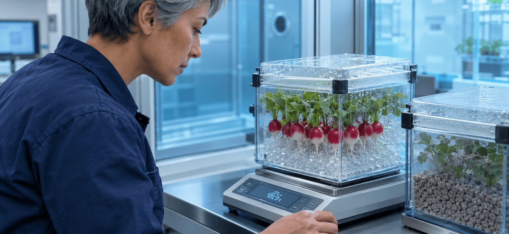 A researcher with short grey hair weighs a transparent box of radishes growing in clear gel beads, next to a second box of radishes planted in grey clay granules.