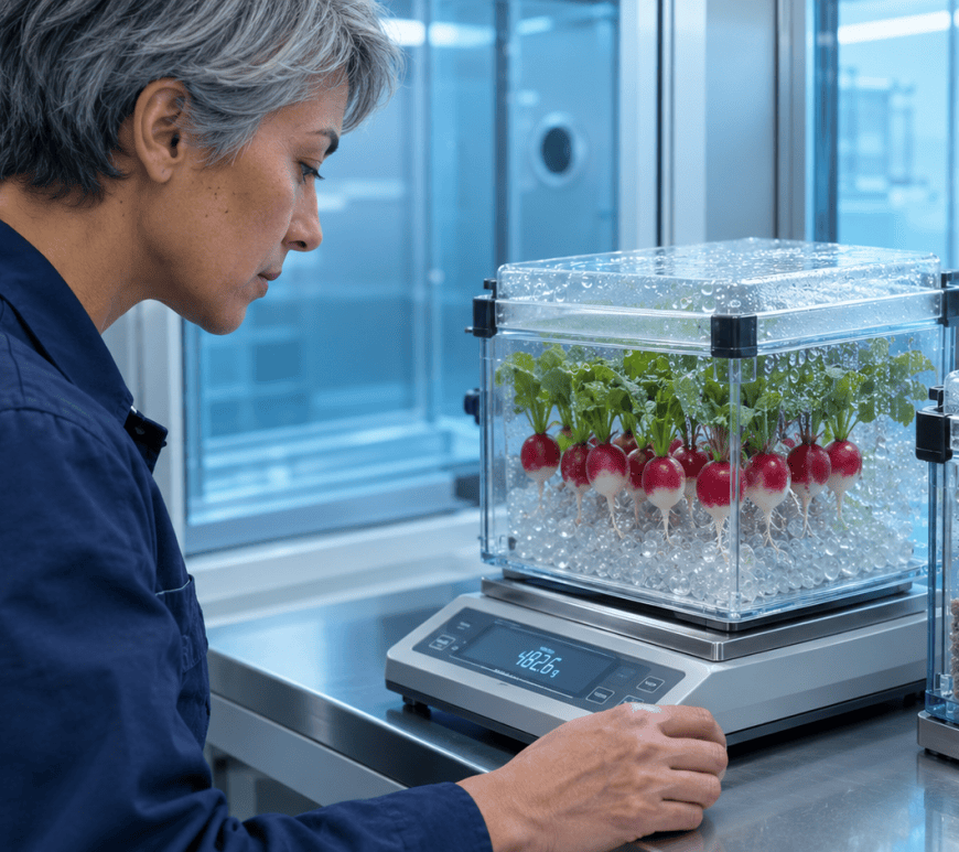 A researcher with short grey hair weighs a transparent box of radishes growing in clear gel beads, next to a second box of radishes planted in grey clay granules.