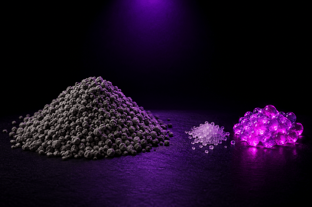 In the dark, a large heap of grey clay granules sits beside a small pinch of dry gel granules and a glowing magenta cluster of the same granules swollen with water.