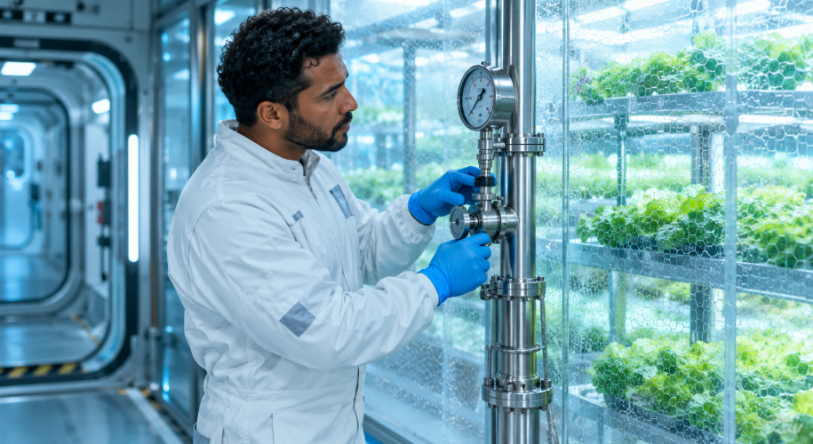 A technician in a white coverall and blue gloves turns a stainless-steel pressure valve while reading its gauge, beside a glass wall that shows shelves of lettuce growing in a greenhouse module.