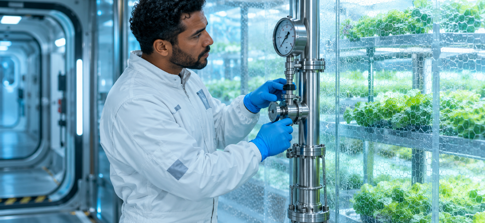 A technician in a white coverall and blue gloves turns a stainless-steel pressure valve while reading its gauge, beside a glass wall that shows shelves of lettuce growing in a greenhouse module.